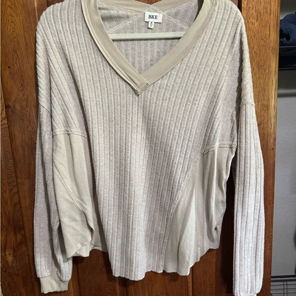 BKE Light Beige Ribbed Knit Pullover